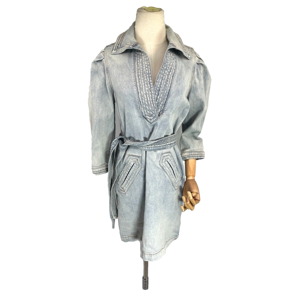 Current/Elliot Denim Jean Dress Puff Sleeve Size 1 Small Blue Light Wash Belted - Picture 14 of 14